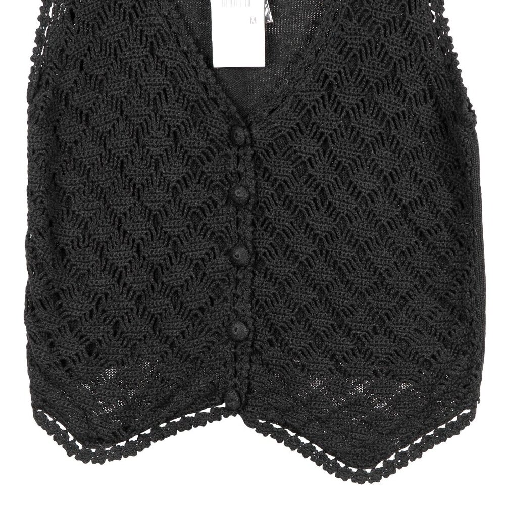 Maren VTG Crochet Vest M Women Black Sweater Buttons Whimsigoth Fairy Grammacore - Picture 3 of 5